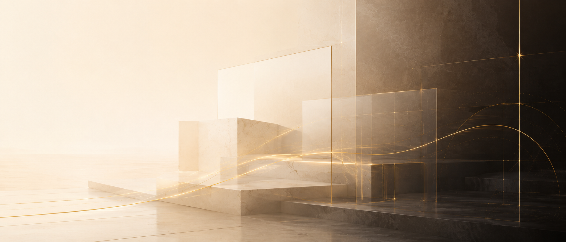 Warm, gold-threaded architectural motif evoking value built with intention